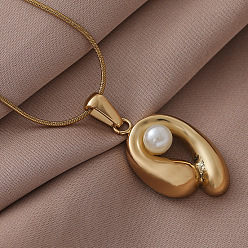 Белый 316 Женские ожерелья с подвесками овальной формы из хирургической нержавеющей стали с искусственным жемчугом, золотые, белые, 15.75 дюйм (40 см)