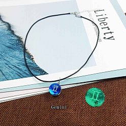 Близнецы Ожерелья из цинкового сплава и светящегося синего стекла с подвеской в виде созвездия, черные вощеные шнуры, платина, Близнецы, 15.75 дюйм (40 см)