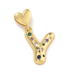 Letter Y Латунные микро-паве красочные кубические циркониевые подвески, подвески в виде сердечек, реальный 18 k позолоченный, Письмо Y, 31.5 мм, отверстие : 6x3 мм, Кулон : 21.5x17x4 мм