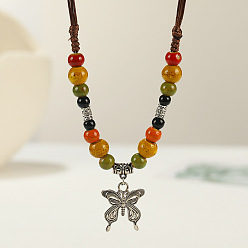 Разноцветный Длинные ожерелья с подвеской в виде бабочки из сплава и фарфора в этническом стиле для женщин, античное серебро, красочный, 15.75~31.50 дюйм (40~80 см)