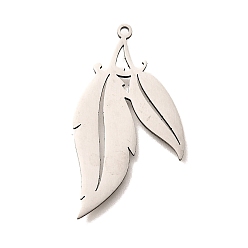 Нержавеющая Сталь Цвет 201 подвески из нержавеющей стали, лазерная резка, перо листик амулет, анти-тускнение, цвет нержавеющей стали, 35x19x1 мм, отверстие : 1.4 мм