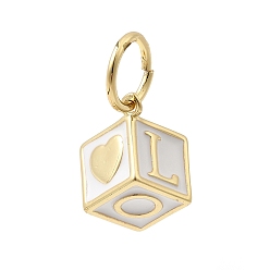 Белый Латунь эмаль подвески, куб с письмом, с прыжковых колец, стойки покрытие, долговечный, без кадмия и без свинца, реальный 18 k позолоченный, белые, 18x13x10 мм, отверстие : 7.6 мм