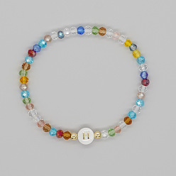 Letter H Handmade Bohemian Colorful Faceted Rondelle Glass Beaded Stretch Bracelets, Alphabet Natural White Shell Bracelets for Women, Letter H, Inner Diameter: 2.36 inch(6cm)