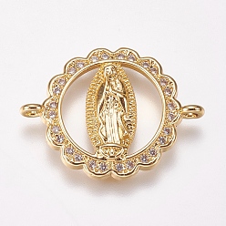 Golden Brass Micro Pave Cubic Zirconia Links, Flat Round with Virgin Mary, Clear, Golden, 16x21.5x3mm, Hole: 1.5mm