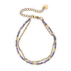 Purple Golden Tone 304 Stainless Steel Double Strand French Chain Bracelets with Faceted Round Cubic Zirconia for Women, Purple, 6.50 inch(16.5cm)