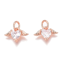 Real Rose Gold Plated Brass Micro Pave Clear Cubic Zirconia Charms, Long-Lasting Plated, with Jump Rings, Heart with Wing, Real Rose Gold Plated, 8x12x3mm, Hole: 3mm