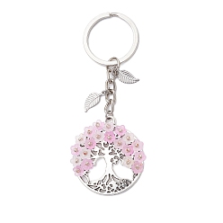 Pink Плоский круглый с древом жизни сплава брелоки, с акриловыми и стеклянными бусинами цветок, розовые, 93 мм