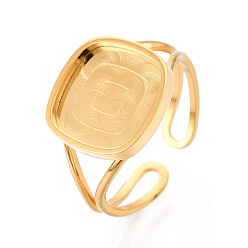 Настоящее золото 18K 304 компоненты манжетного кольца из нержавеющей стали, установка квадратного кольца, ионное покрытие (ip), реальный 18 k позолоченный, лоток : 11.2x11.2 мм, 13 мм, внутренний диаметр: регулируемый