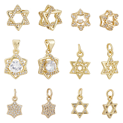 Chapado en Oro Real 18K 12 piezas 6 estilos latón micro pavé colgantes de circonita cúbica, sin plomo y cadmio, larga duración plateado, estrella de david, real 18 k chapado en oro, 11~15.5x8~13x2~6 mm, agujero: 2.4~5 mm, 2 piezas / estilo
