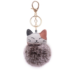 Черный Женский брелок с помпоном из искусственного меха кролика, брелок с подвеской в виде кошки из искусственной кожи, чёрные, 16x8 см