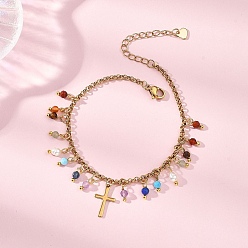 Золотой Браслеты с подвесками из натуральных смешанных драгоценных камней и бусин из нержавеющей стали, 304 браслеты из нержавеющей стали с цепочками Rolo для женщин, крестик, золотые, 304 дюйм (7-1/4 см)