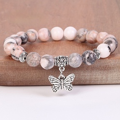 Jaspe Zébré 8Bracelets extensibles en perles rondes de jaspe zébré naturel de 1 mm avec breloques papillon en alliage, argent antique, 7.48 pouce (19 cm)