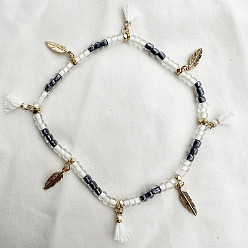 Черный Браслеты на ногу в стиле бохо с подвеской в виде пера, кисточкой из пластика, украшенные бисером, античное золото , чёрные, 9-1/2 дюйм (240 мм)