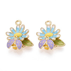 Светло-Голубой Подвески из эмали и сплава, стойки покрытие, цветочный шарм, золотой свет, Небесно-голубой, 21x18x6 мм, отверстие : 1.6 мм