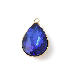 Средно-синий 304 подвески из нержавеющей стали, слеза, со стеклом, граненые, реальный 18 k позолоченный, светло-синий, 17.5x11x5.5 мм, отверстие : 1.6 мм