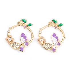 Medium Purple Rack Plating Alloy Enamel Pendants, with Rhinestone, Light Gold, Ring with Butterfly Charm, Medium Purple, 31x26x3.5mm, Hole: 1.4mm