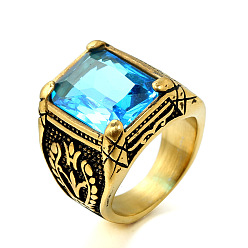 Темно-Голубой 316Мужские винтажные резные кольца из нержавеющей стали с кубическим цирконием, квадратный, готические кольца, античное золото , глубокое синее небо, размер США 10 (19.8 мм)