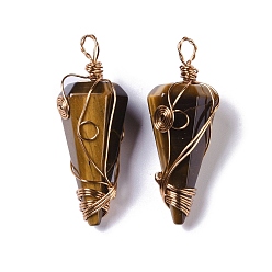 Tiger Eye Natural Tiger Eye Copper Wire Wrapped Big Pendants, Faceted Cone Charms, Rose Gold, 50~50.5x16.5x18~19mm, Hole: 8x3.5~4mm
