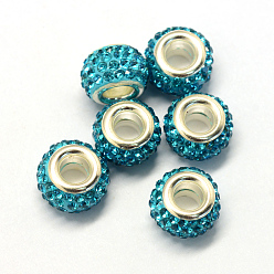 Аквамарин Сплав стекла горный хрусталь Европейский бисером, бусины с большим отверстием, рондель, серебряный цвет гальваническим, аквамарин, 12.5x8 мм, отверстие : 5 мм