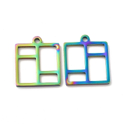 Rainbow Color Ion Plating(IP) 304 Stainless Steel Pendants, Hollow, Rectangle Charm, Rainbow Color, 17.5x15x2mm, Hole: 1.6mm