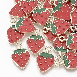 Red Alloy Enamel Pendants, Light Gold, Strawberry, Red, 20.5x13x2mm, Hole: 2mm