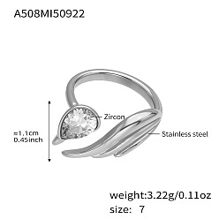 White 304 Stainless Steel Pave Cubic Zirconia Cuff Open Rings, Wing, with Enamel, Stainless Steel Color, White, 17mm