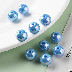 Deep Sky Blue Opaque Acrylic Beads, AB Color Plated, Round, Deep Sky Blue, 12x11mm, Hole: 2.5mm, about 566pcs/500g