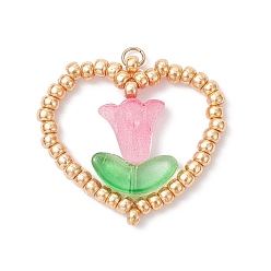 Pink Подвески в виде сердечек и цветов из стеклянного бисера Miyuki, с 304 открытым стопорным кольцом из нержавеющей стали, розовые, 28x30x6 мм, отверстие : 2.5 мм