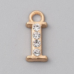 Letter I Подвески из сплава и страза, Подвески в виде первой буквы, золотой свет, Буква "i", 13x5.5x2 мм, отверстие : 1.4 мм