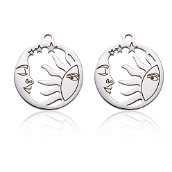 Нержавеющая Сталь Цвет 201 подвески из нержавеющей стали, полый, плоский круглый с солнцем и звездой, цвет нержавеющей стали, 17x15x1 мм, отверстие : 1.4 мм