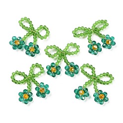 чирок Подвески из стеклянных бусин, с медной проволокой, бантик с цветочными подвесками, зелено-синие, 25~27x25~28x5~5.5 мм, отверстие : 5.5x7.5 мм