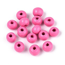 Ярко-Розовый Круглые бусины из натурального дерева схима, окрашенные распылением, ярко-розовый, 6~6.5x4.5~5 мм, отверстие : 1.6~1.8 мм