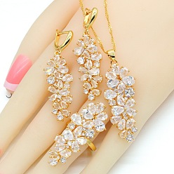 Прозрачный Комплект из колье, серег и колец с кубическим цирконием в форме листа из латуни, золотые, прозрачные, 450мм и 60мм и 16.5мм
