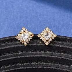 Настоящее золото 18K Серьги-гвоздики из латуни с микропаве из кубического циркония для женщин, ромб, реальный 18 k позолоченный, 8.5x8.5 мм