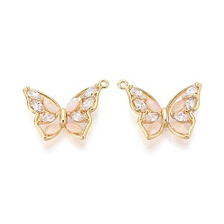Настоящее золото 18K Подвески из латуни с прозрачными кубическими цирконами и кошачьим глазом, бабочка, без никеля , реальный 18 k позолоченный, 14.5x19x4 мм, отверстие : 1 мм