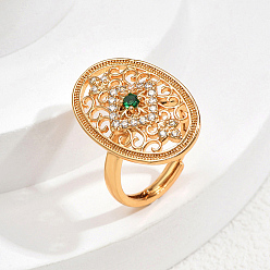 Зеленый Латунные микропаве кубические цирконии полые геометрические регулируемые кольца для пальцев, овальная с цветочным узором, зелёные, 26x18 мм, внутренний диаметр: регулируемый