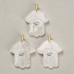 Quartz Crystal Natural Quartz Crystal Carved Pendants, Religion Hamsa Hand Charms, with Brass Pave Cubic Zirconia Findings, Golden, 36.5~39x33~35x8~9mm, Hole: 6.5x8mm