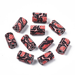 Red Handmade Polymer Clay Beads, Column with Jewelry Crafts Pattern, Red, 11x6~7.5mm, Hole: 2~3mm