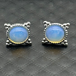 Серебро Серьги-гвоздики из сплава с натуральным тигровым глазом и цветком, серебряные