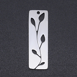 Stainless Steel Color 201 Stainless Steel Pendants, Rectangle with Leaf, Stainless Steel Color, 28x9x1mm, Hole: 1.4mm