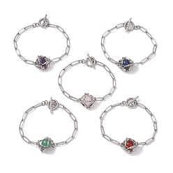 Смешанные камни Круглые браслеты-мешочки в технике макраме со звеньями из смешанных драгоценных камней, 304 браслеты-цепочки со скрепками из нержавеющей стали для женщин и мужчин, нержавеющая сталь с цветным покрытием, 7-5/8 дюйм (19.4 см)