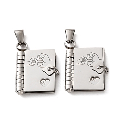 Stainless Steel Color 304 Stainless Steel Pendants, Book with Fist Pound Charms, Polished, Stainless Steel Color, 25x18x4.5mm, Hole: 5.5x2.5mm