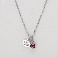 Рак 304 ожерелья с подвеской в виде созвездия из нержавеющей стали со стразами и светлым аметистом, цвет нержавеющей стали, рак, 17.72 дюйм (45 см)