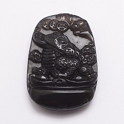 Black Natural Ice Rainbow Obsidian Carven Pendants, Pixiu, Black, 47x33x10mm, Hole: 1mm