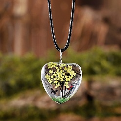 Желтый Подвеска в форме сердца из стекла с сушеным цветком и деревом внутри, ожерелья из черного вощеного шнура, желтые, 17.32 дюйм (44 см)