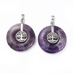 Amethyst Natural Amethyst Pendants, with Platinum Tone Brass Findings, Donut/Pi Disc with Tree of Life, 35.5x30x8.5~9.5mm, Hole: 4.5x6.5mm
