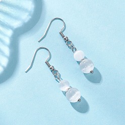 Белый Круглые серьги-подвески из натурального селенита, с 304 нержавеющей стали серьги крючки, платина, белые, 41.5~42x8.5 мм