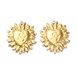 Настоящее золото 18K 304 подвески из нержавеющей стали, подсолнух в форме сердца, ионное покрытие (ip), реальный 18 k позолоченный, 38x34x3 мм, отверстие : 2.5 мм