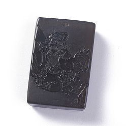Obsidian Natural Obsidian Pendants, Carved, Rectangle with  Chicken, 42.5x28.5x9.7mm, Hole: 1.2mm