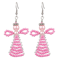 Pink Стеклянные бусины угловые подвесные серьги, с 304 нержавеющей стали серьги крючки, платина, розовые, 70x32 мм